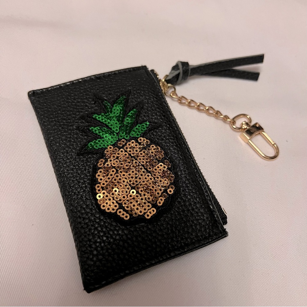 Pineapple sequin slim black & gold zip card holder clippable wallet